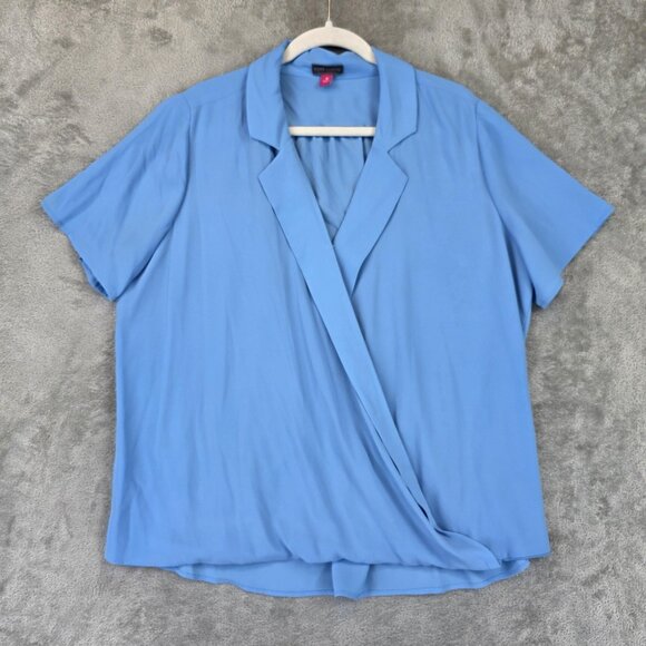 Vince Camuto Blouse Womens 1X Blue Surplice Wrap Short Sleeve Draped Top V Neck - Picture 1 of 12